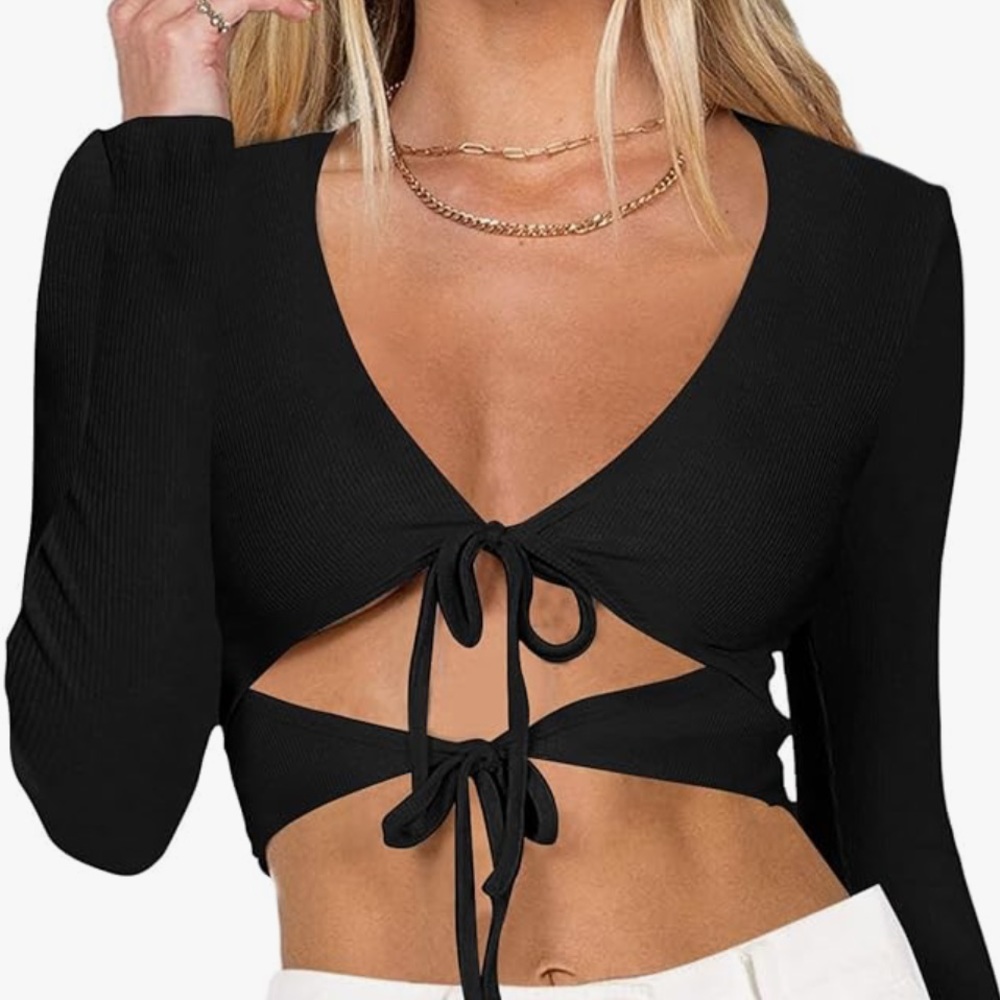 Black Long Sleeve Crop Top with Cut Out